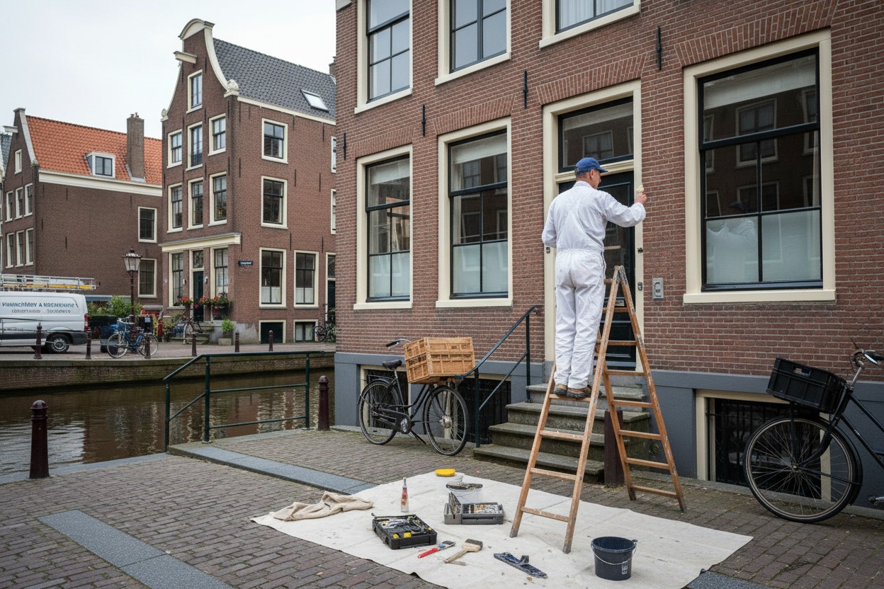 Een schilder in witte werkkleding staat op een ladder om het kozijn van een grachtenpand te schilderen.